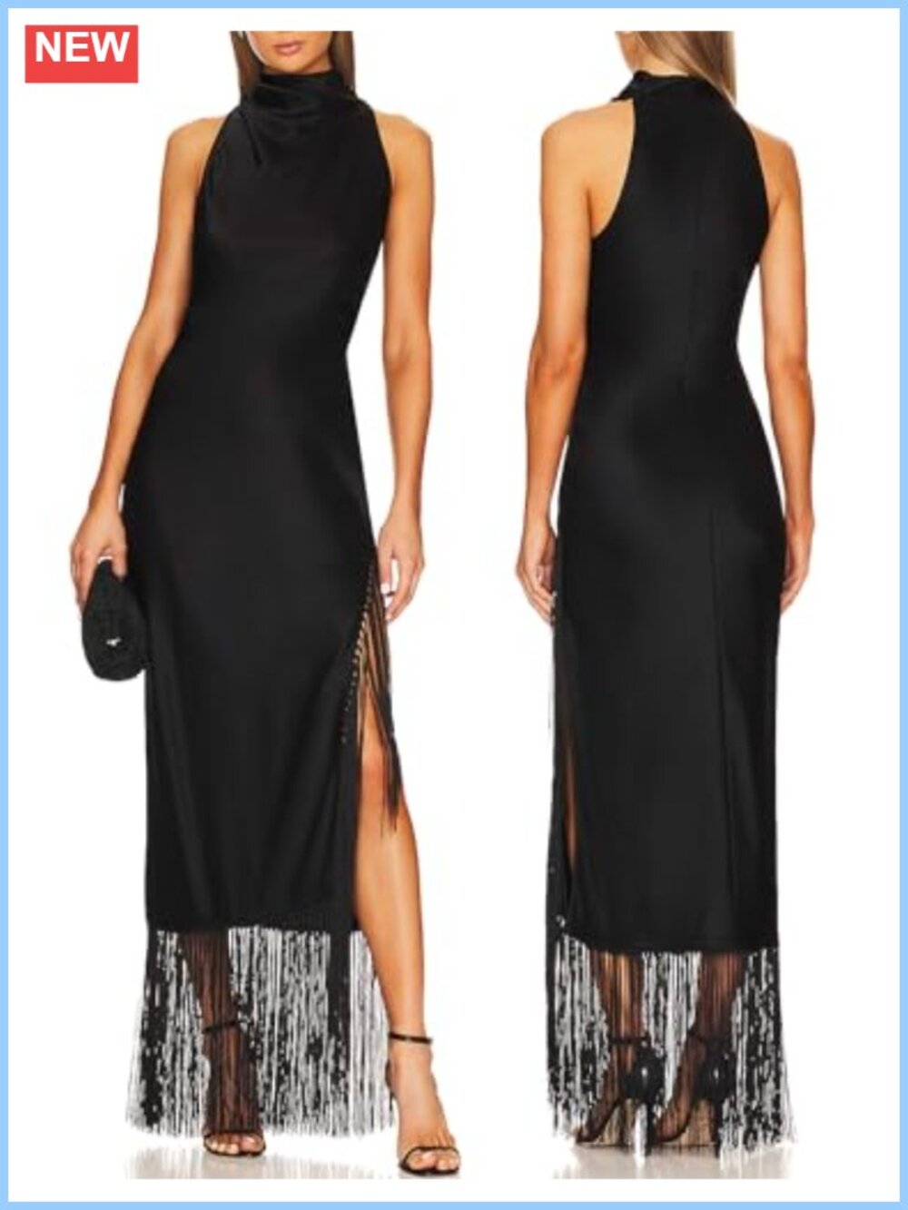 Vintage Flapper Maxi Dress Halter Tassel Fringe Slit Gatsby Gown